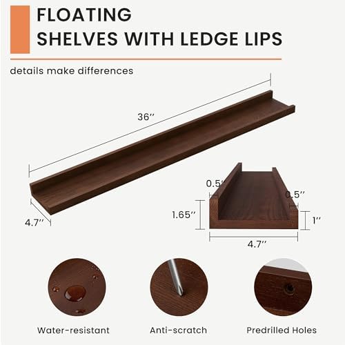FLYJOE Picture Ledge Shelf for Wall, 36 inch Solid Ash Wood Nursery Book Shelves 2 Packs, Floating Shelves for Kids' Room Bedroom Bathroom Living Room Photo Frames Office Nursey Wall Decor, Walnut