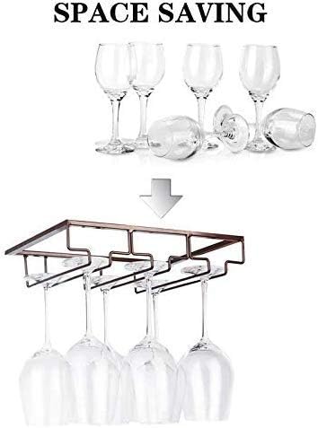 FOMANSH Wine Glass Rack - Under Cabinet Stemware Wine Glass Holder Glasses Storage Hanger Metal Organizer for Bar Kitchen Brown