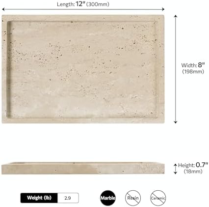 Marble Vanity Tray, 12 Inch Rectangular Travertine Tray for Bathroom Countertop Dresser, Large Marble Tray for Kitchen, 
