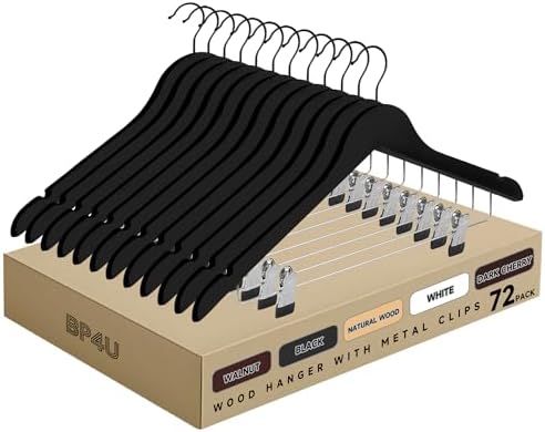 Wooden Hangers with Adjustable Metal Clips, 72-Pack, Black