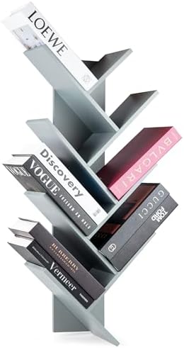 7-Tier Wall Mounted Book Organizer - Grey Pine Wood Book Tree for Bedroom