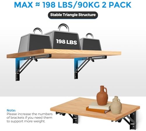 Matte Black Folding Shelf Brackets, 14 Inch, 4 Pack