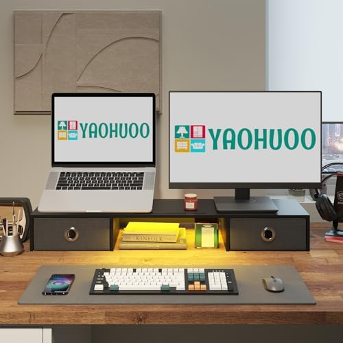 YAOHUOO Dual Monitor Stand with LED Light 2 Drawers, Computer Monitor Riser for 2 Monitors, Large Desktop Organzier with