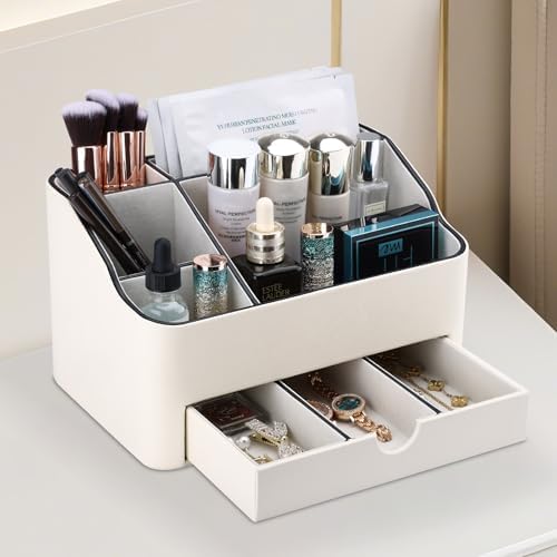 KINGFOM PU Leather Makeup Organizer with Drawer, Skincare Organizer for Vanity, Cosmetic Storage for Dresser Countertop,