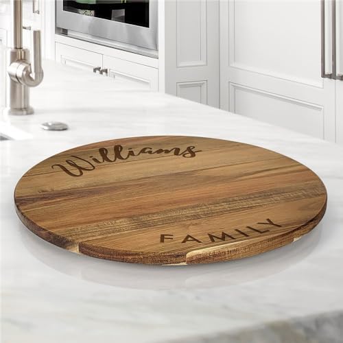 Engraved Family Name Script Personalized Lazy Susan, 16" Rotating Tray Brown