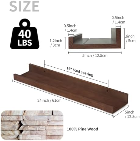 SAUMONIERES Picture Ledge Shelf Floating Book Shelves Set of 2 Wall Mounted Solid Wood for Bedroom Bathroom Living Room 