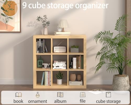 Bookshelf with Storage Bins, 9-Cube Storage Organizer Sturdy Wooden Bookcase Open Book Shelf, Multifunctional Cubicle Ra