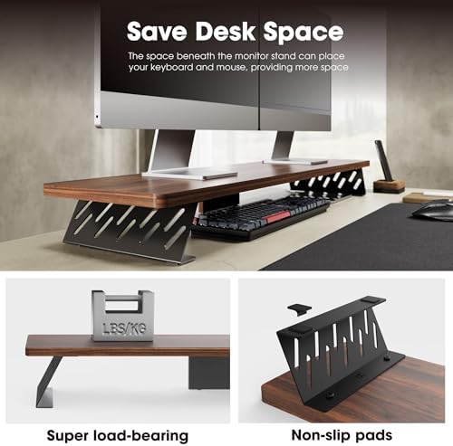 Fenge Monitor Stand Riser, Wooden & Metal Desk Shelf Organizer, Brown