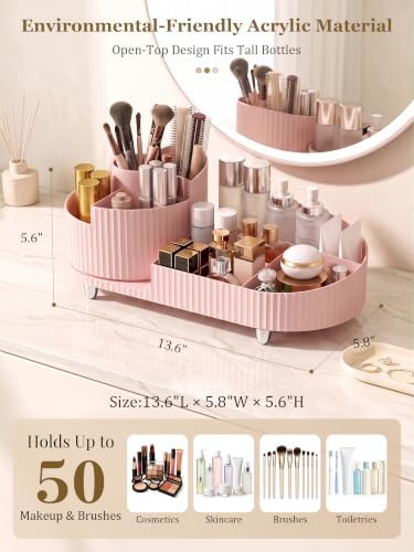 Booklov Rotating Makeup Organizer for Vanity Countertop, Pink