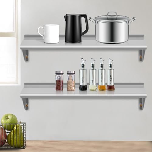 8.6" D x 30" W Stainless Steel Wall Mounted Shelves, 2 Packs Floating Shelving with Brackets, Commercial Shelf Perfect f
