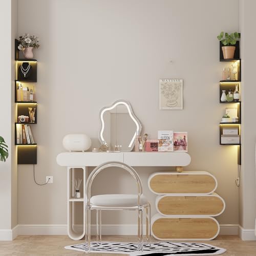 Qupui 5-Tier Corner Shelf with LED, 49" Floating Wall Shelf, Black