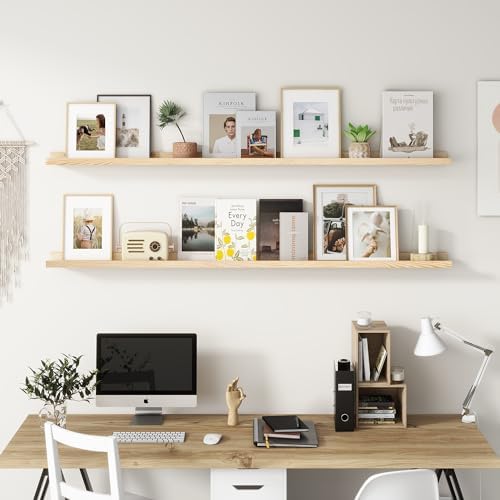 FLYJOE Picture Ledge Shelf, Floating Shelves Set of 2, Solid Pine Wood 72'' Long Large Nursery Book Shelves for Toys Storage, Kids Bookshelf for Living Room Bedroom Decor Books Photo Frames, Natural