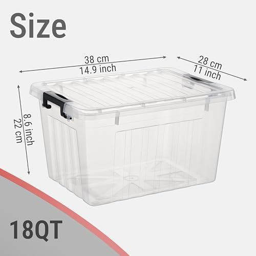 Cetomo Plastic Storage Bins, Lidded Storage Box with Strip for Home Office Dorm, Stackable, Clear, 18Quart-6 Pack