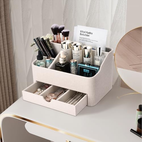 KINGFOM Leather Makeup Organizer with Drawer, Cosmetic Storage for Dresser Countertop and Bathroom Vanity, Beauty Holder