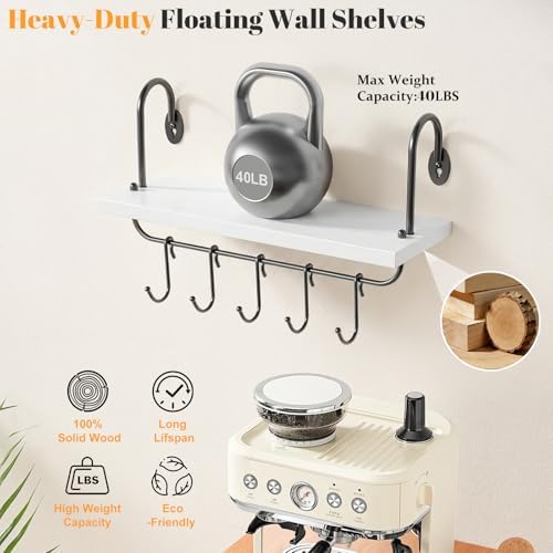 Olakee Floating Wall Shelves for Kitchen Bathroom Coffee Nook with 10 Adjustable Hooks for Mugs Cooking Utensils or Towe