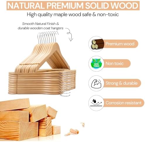 Wooden Clothes Hangers, Set of 50, Solid Wood Hangers, Non-Slip Trouser Hook, Notches in Shoulder Area, 360° Rotating Ho