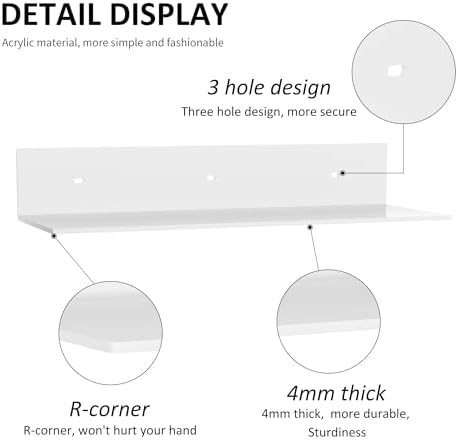 Sezanrpt 15 Inches Acrylic Wall Shelves 2 Pack, Floating Shelf for Wall Mounting, Acrylic Display Ledges for Funko Pop Figures, Home Décor, Living Room, Gaming Room, Plants(15 inch, White)