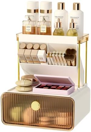 FOLLOWIN 3 Tier Makeup Organizer With Drawer, Bathroom Counter Organizer