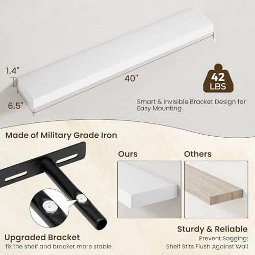 Axeman 40Inch Floating Shelves for Wall, 2 Packs, Invisible Brackets, White