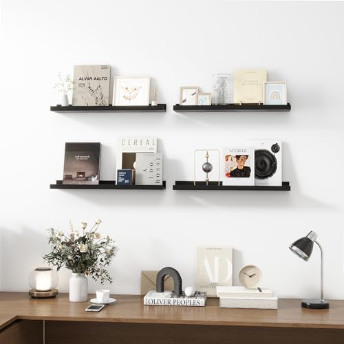Acovy 24 inch Picture Ledge Shelf, Wood Floating Shelves Set of 4, Black