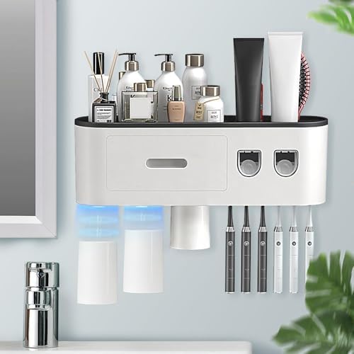Toothbrush Holders Wall Mounted, Toothbrush Holder with Automatic Toothpaste Dispensers, 6 Brush Slots, 3 Magnetic Cups,