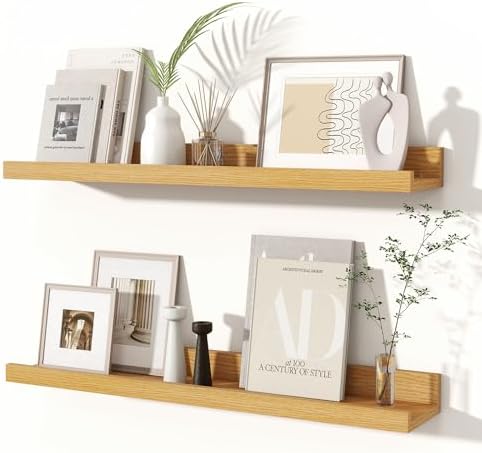 Fun Memories Picture Ledge Shelves Set of 2, 24 Inch Rustic Wall Mounted Floating Shelves with Lip for Home Storage and 