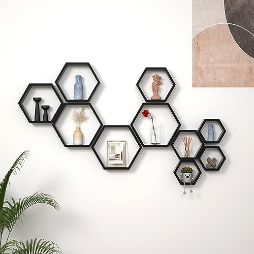 WONFUlity Hexagon Floating Shelves Honeycomb Wall Mounted Wood Farmhouse Storage for Bathroom, Kitchen, Bedroom, Living 