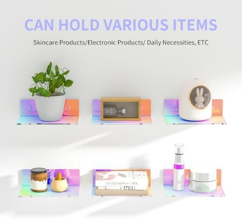 Sezanrpt 9 Inches Iridescent Floating Shelves Acrylic, White Wall Shelves for Living Room Décor, Bedroom, Bathroom, Kitchen, Dining Room, Brand Store, Retails, Gaming Room, 2 Pack