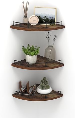 HORLIMER 3 Pack Floating Corner Shelf Wall Mount with Fence, Brown