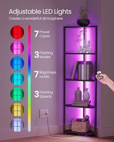 VASAGLE Corner Shelf with LED Lights, 5-Tier Freestanding Bookshelf