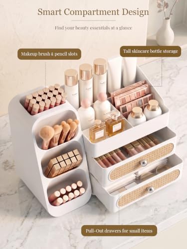 Booklov Large Makeup Organizer for Vanity Countertop, White