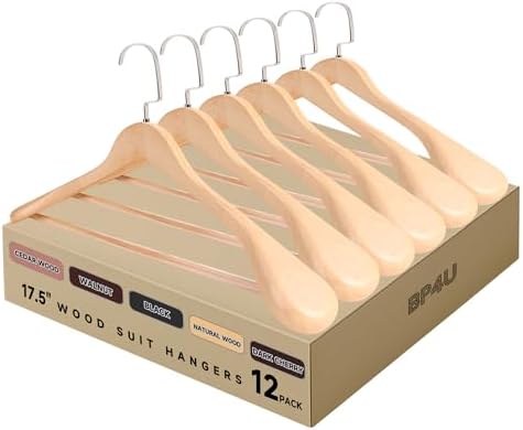 17.5" Wooden Suit Hangers, Non Slip Pants Bar, Natural Wood, 12-Pack