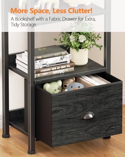 Furologee 6 Tier Bookshelf with Drawer, Tall Narrow Bookcase, Black Oak