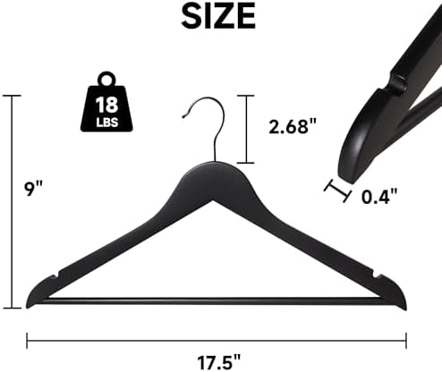 Wooden Clothes Hangers with Pants Bars, Black, 72-Pack