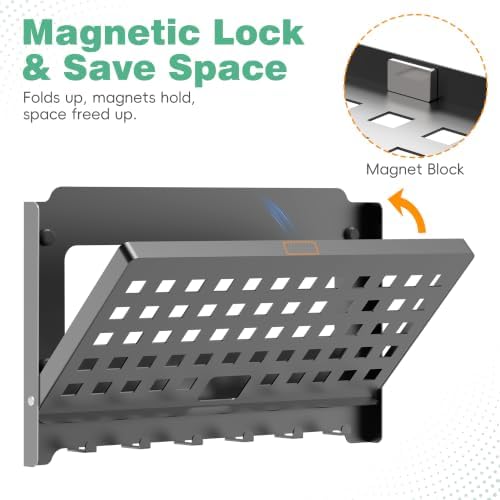 Router Shelf with Hooks & Magnetic Catch - Wall Mount Folding Shelf
