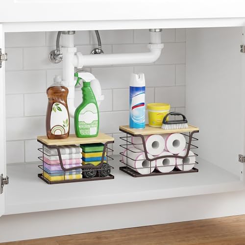 ALOCEO 2 Pack Stackable Wire Storage Basket with Bamboo Lid, Stainless Steel Extra Large Trash Bag Dispenser Roll Holder