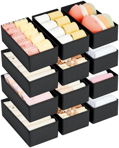 DIMJ Drawer Organizer Clothes - Underwear Organizer Small Sock Organizer Closet Organizers and Storage Box Dresser Drawer Dividers for Baby Clothes,Bra,Socks, Belt, Tie, Set of 12, Black