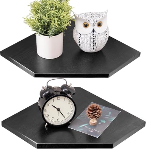 Corner Wall Shelves Set 2 Solid Oak Wood with Wire Hole Wall Mount,Black