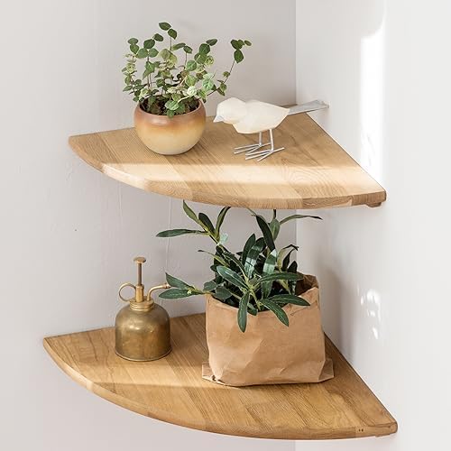 Corner Shelves, Floating Corner Shelf, Set of 2 10inch Solid Oak Wood Corner Wall Shelves, Round End Wall Mount Display 