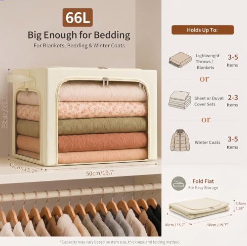 GoMaihe Clothes Storage Bins with Metal Frame for Blanket 3 Pack 66L Beige