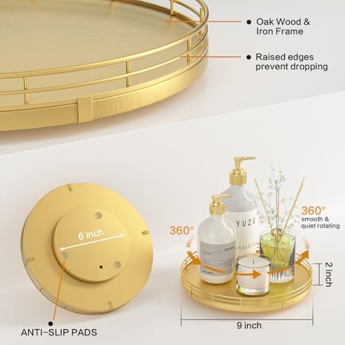 Oroyutor 9-Inch Oak Lazy Susan Vanity Tray with Gold Metal Rail