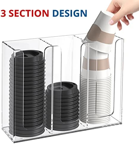 KOTEMON Acrylic Cup and Lid Holder, 3 Compartment, Disposable Coffee Cup Dispenser Cup Storage Organizer, Clear