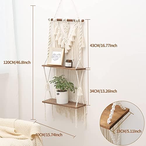 2-Tier Macrame Wall Hanging Shelf & Boho Decor, Wooden Floating Shelves