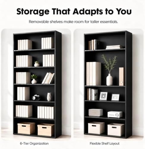 IULULU 6 Tier Bookcase with Open Storage Shelves, Black