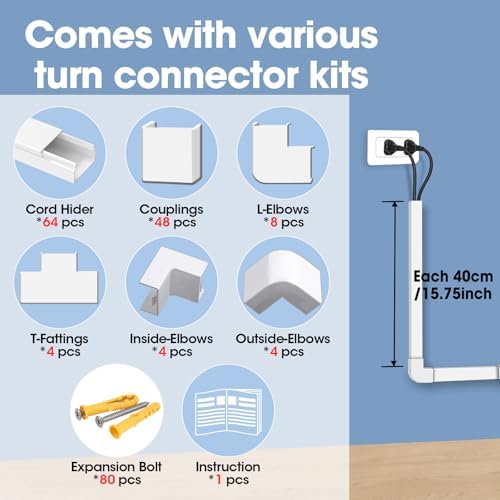 1000in Cord Hider Kit, Cord Covers for Wires on Wall, Paintable Cable Raceway, Cord Hider for Wall Mount tv, tv Cable Hi