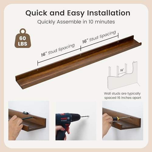 FLYJOE Picture Ledge Wall Shelves 48 inch Width Set of 2, Solid Pine Wood Rustic Floating Ledge Shelves for Wall for Kids' Room Bedroom Kitchen Bathroom Living Room Nursery Display Wall Decor, Walnut