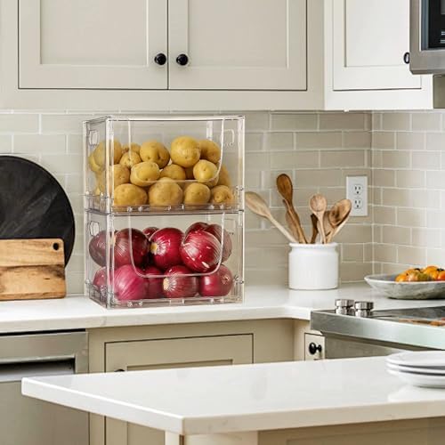 ANUMITRA 2 Pack Large Foldable Open Front Storage Bins with Lids, Stackable Clear Plastic Container Organizer for Pantry