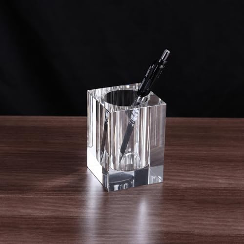 Coideal Glass Crystal Pen Pencil Cup Holder, Square Clear Small Desk Table Organizer Gift for Office School, Teacher and Student