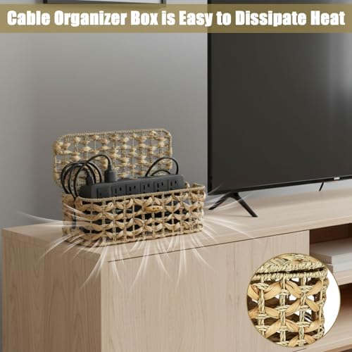 Handwoven Cable Management Box with Lid, Decorative Cord Organizer Basket for Power Strip, Charger, Router and USB Hub, 