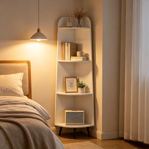 VECELO 4-Tier Curved Corner Shelf, 66.93" Tall Corner Bookshelf, White | Curved modern design, 4 open tiers, 66.93" tall
